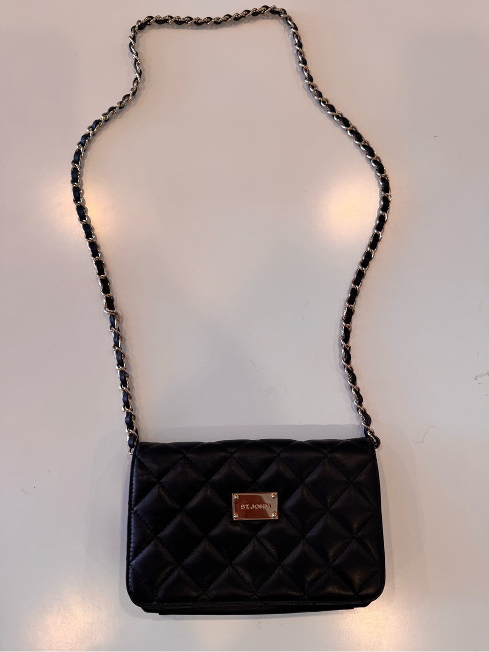 St. John Knits Quilted Black Leather Mini
Crossbody Bag | GoldChain